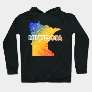 Colorful mandala art map of Minnesota with text in blue, yellow, and red Hoodie